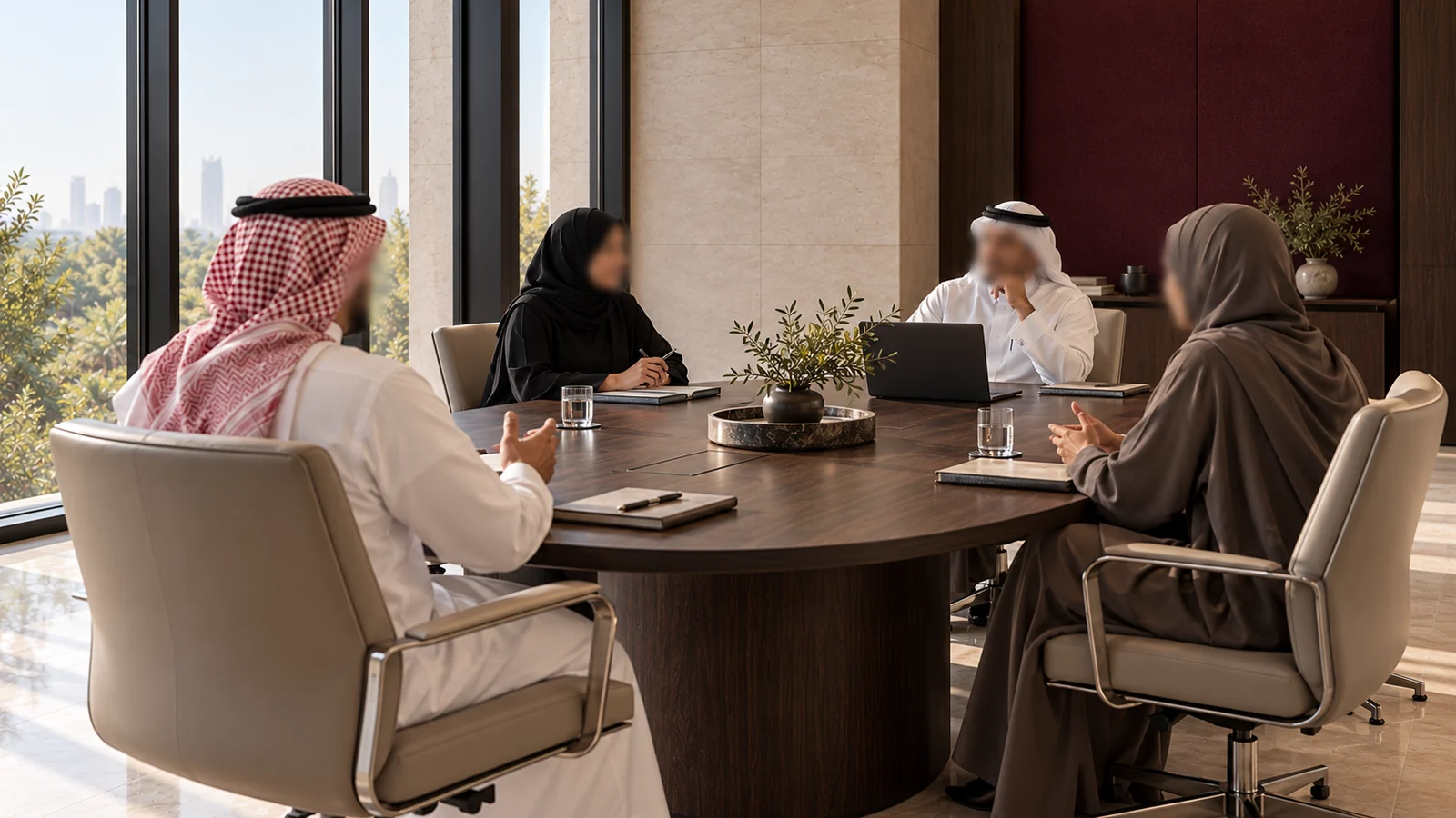 مجموعة سعودية تخيّلية تناقش الأعمال حول طاولة، مع تمويه الوجوه.