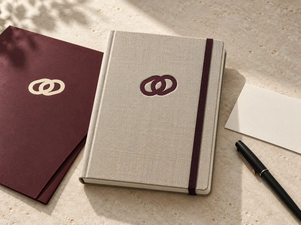 مجلد برغندي يحمل رمز وصل فاتحًا، ودفتر من الكتان يحمل الرمز بالبرغندي. صورة توضيحية.